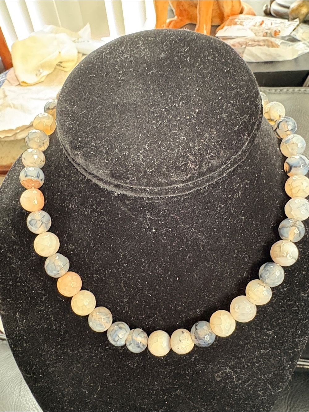 925 Silver Beaded White And Grey Agate Necklace